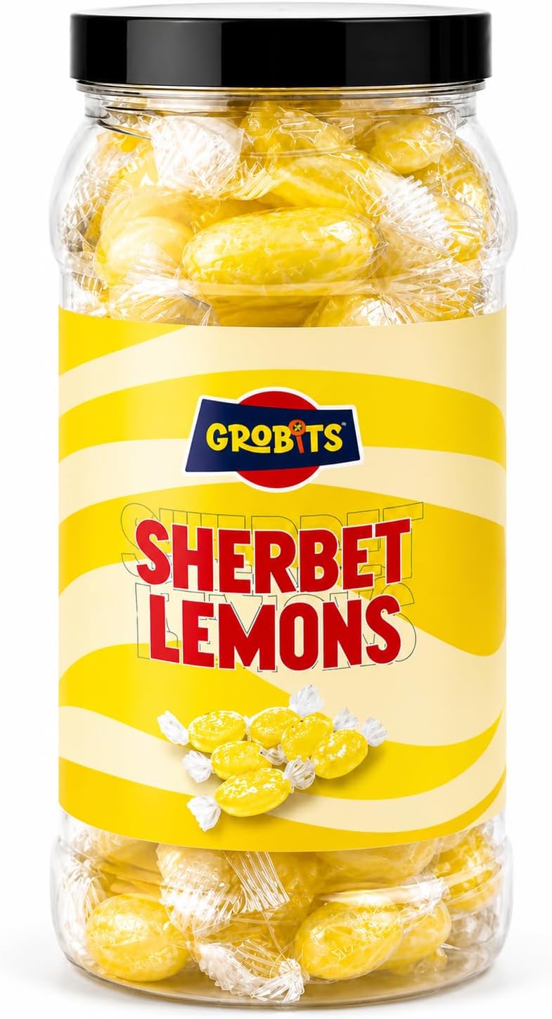 GROBITS Sherbet Lemons – Traditional British Boiled Sweets with Sherbet Centre (500g Jar)